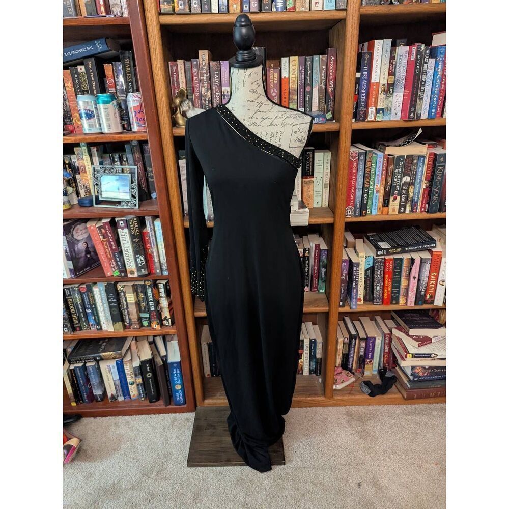 Halston Women’s Black Maxi Dress One Shoulder Sequin Trim Size 10 Eveningwear